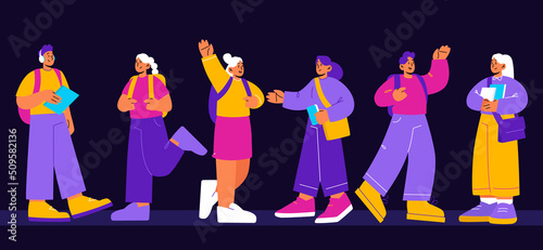 Group of students with backpacks and books on black background. Vector flat illustration of happy young people studying together in school or college greet each other and talk