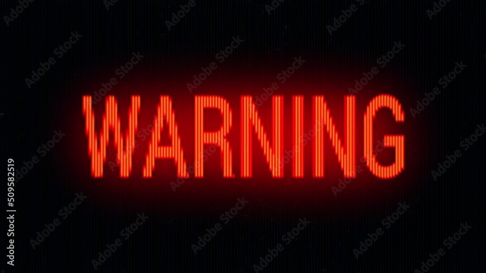 Blinking Warning Alert word on Black CRT Screen. Glowing Red Warning Text Sign on Old Monitor. Warning Alert Signal. Seamless Loop animation.