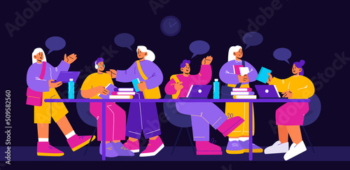 School or college students, young people study together. Vector flat illustration of happy teenagers sitting at table with books and laptop on black background