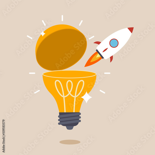 Innovative rocket launch flying high from opening bright lightbulb idea. Entrepreneurship or startup, creativity to begin business or breakthrough idea, launch new idea.