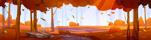 Autumn forest landscape with orange trees and bushes. Vector cartoon illustration of panoramic scene of fall woods, garden or park with plants, falling leaves, path and glade