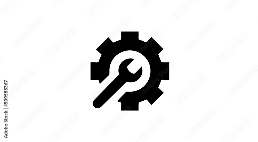 Mechanical Engineering Logo Design Icon, Service Tool Flat Vector Icon, Cogwheel With Wrench Symbol Logo Illustration. 
