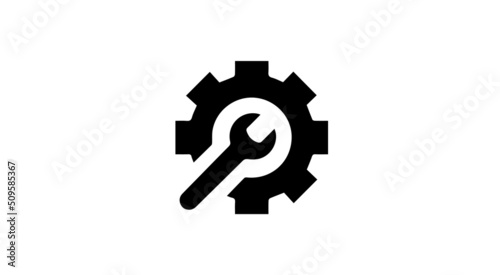Mechanical Engineering Logo Design Icon, Service Tool Flat Vector Icon, Cogwheel With Wrench Symbol Logo Illustration. 