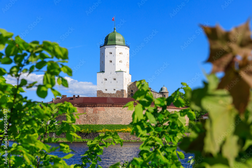 Medieval fortress in Vyborg. Castle on the water against the blue sky with green foliage