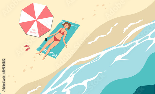 Top view of happy sunbathing woman on the beach sun. Summer seashore landscape. Relaxing and tanning girl. Flat style vector illustration.