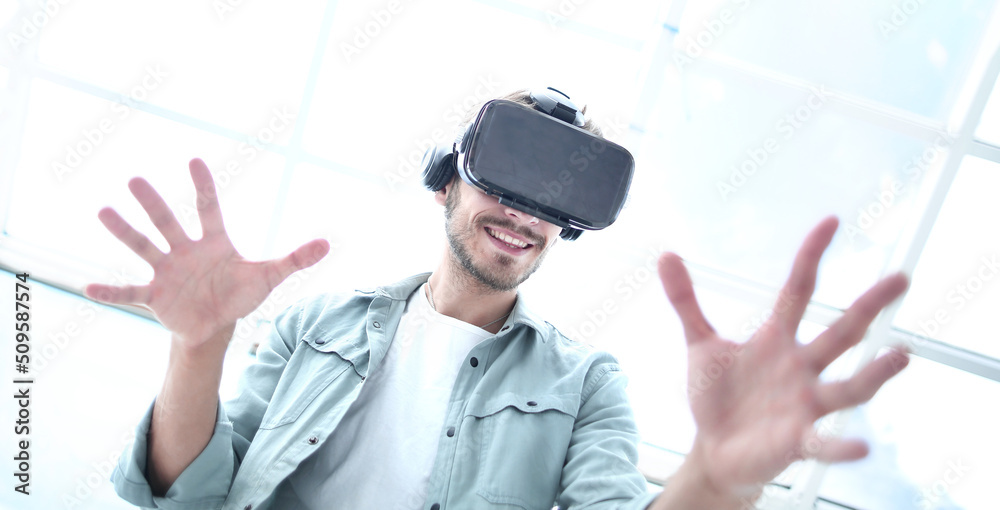 VR headset for business experience, curious man VR headset for business experience, curious man