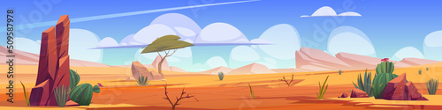 Hot desert landscape with sand  cactuses  rocks  acacia tree and grass. Vector cartoon illustration of african desert panorama with stones  dune  plants and mountains on horizon
