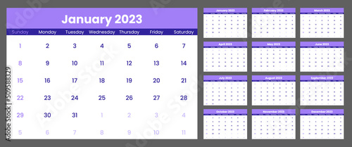 Purple and white calendar 2023 template with week starts on sunday. Wall calender in a minimalist style. Monthly cycle planner. Horizontal grid. Agenda organizer. Vector illustration