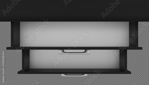 Top view of two black empty open drawers of cabinet, cupboard or nightstand. Vector mockup of 3D rendered furniture. Interior office or living room object