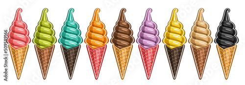Vector Ice Cream Set, lot collection of 9 cut out different illustrations of realistic refreshing ice creams, horizontal banner with colorful twirl icecreams in waffle cones in row on white background