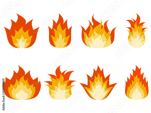 Fire icon set in flat style isolated on white background. Collection of fire icons of different shapes. Design for banners, posters and promotional products. Vector illustration