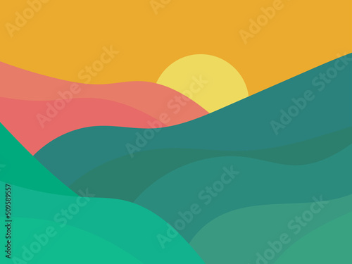 Landscape with sunrise over mountains. Green wavy hills in a minimalist style. Wavy meadows and hills. Design for posters and banners  booklets and promotional products. Vector illustration