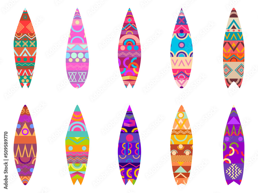 Surfboards isolated on white background. Set of surfboards with ethnic pattern. Types of surfboards with a pattern for printing, drawing on the board. Vector illustration Surfboards isolated on white background. Set of surfboards with ethnic pattern. Types of surfboards with a pattern for printing, drawing on the board. Vector illustration