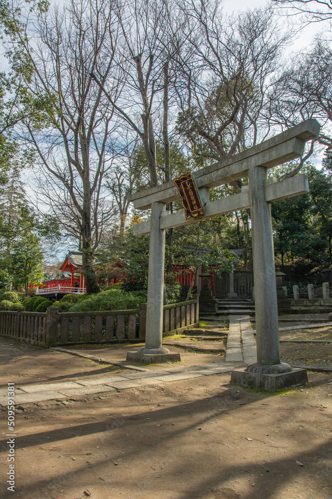 A stone myojin torii at one of the entrances at the 18th century Nezu Shrine located in the Bunkyo ward of Tokyo