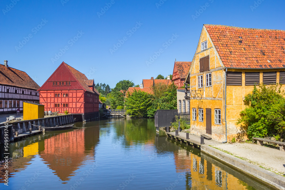 Little pond with colorful half timbered houses in the old town of Aarhus, Denmark