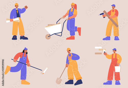 Construction workers in helmets with shovel, wheelbarrow, paint roller and drill. Vector flat illustration of builder characters, repairman, engineer, painter and carpenter