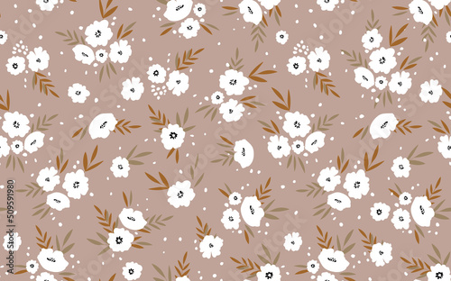 Seamless floral pattern based on traditional folk art ornaments. Colorful flowers on color background. Scandinavian style. Sweden nordic style. Vector illustration. Simple minimalistic pattern