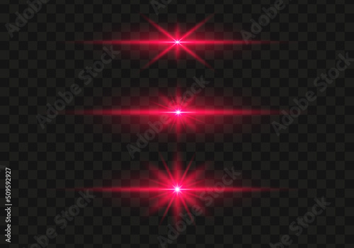Set of bright red flashes, lights and sparks on a transparent background. Abstract flash with glowing line, sunrise, shining red stars. Ray shining border. Vector illustration