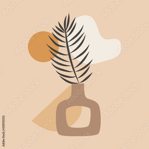 Palm leaves in a vase with geometric abstract figures on a beige background