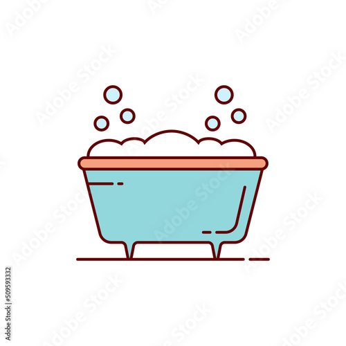Bathtub with foam and bubbles. Colored vector illustration on a white background. Outline and line style.