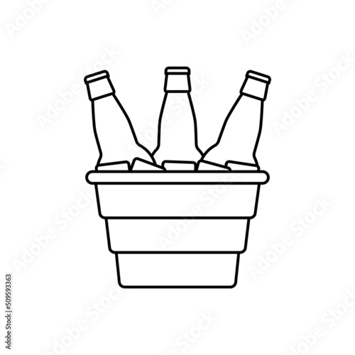 Bottles of beer in a metal bucket with ice cubes. Black and white vector illustration and icon on a white background. Outline and line style.