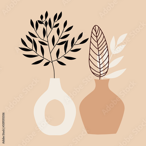 Palm leaves and leaves of ornamental plants in a vase, in an arch. Tropical background. Exotic composition on a beige background.