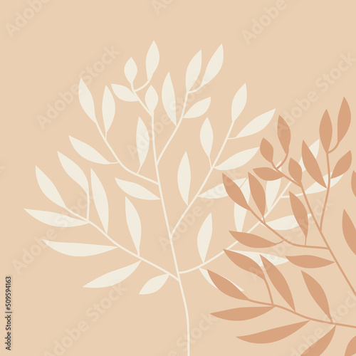 decorative twig with leaves on a beige background. Exotic tropical composition on a beige background