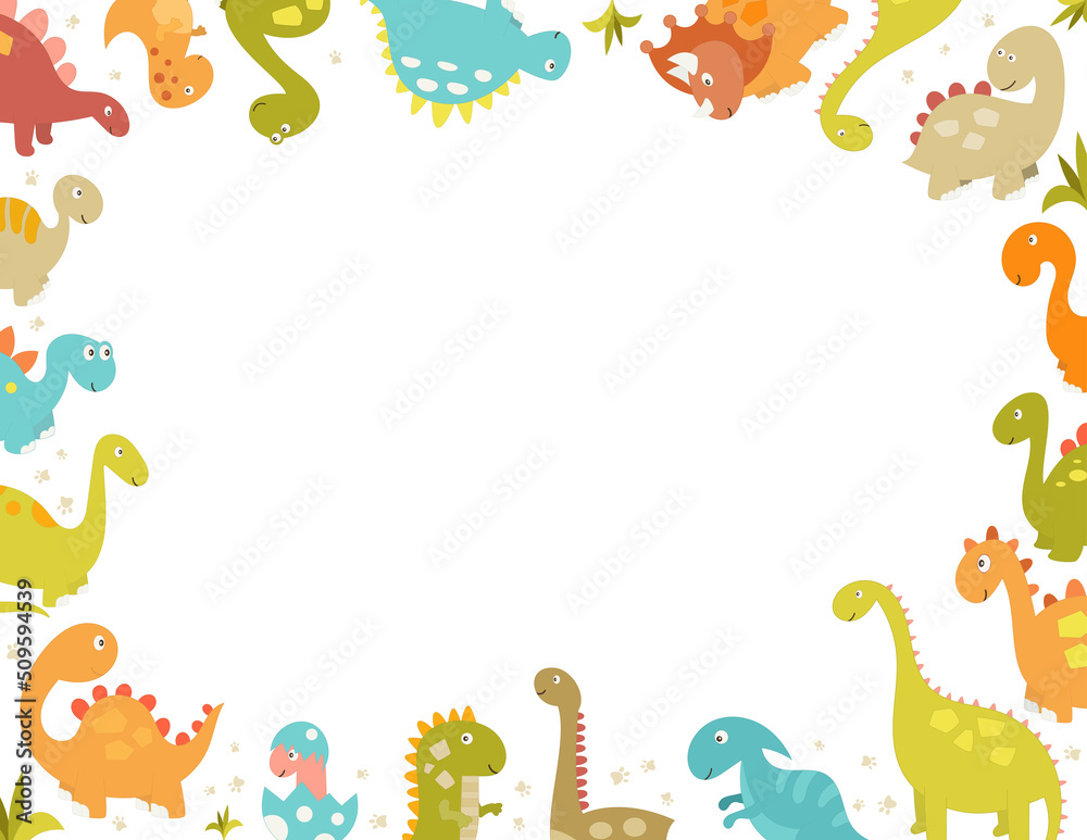 Kids frame with cute Dinosaurs in cartoon style. Vector Illustration