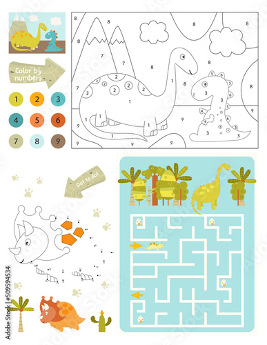 Dinosaurs Activity Pages for Kids. Printable Activity Sheet with Dino Mini Games – Color by Number Cute Dinosaurs and Mountain, Dot to Dot, Maze Dino Labyrinth. Vector illustration.