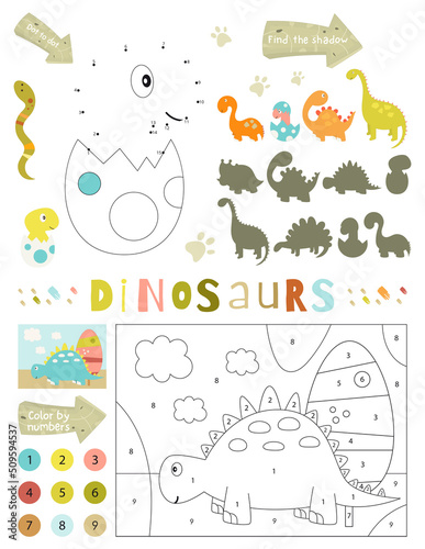 Dinosaurs Activity Pages for Kids. Printable Activity Sheet with Dino Mini Games – Color by Number Cute Dinosaur, Dot to Dot, Find Correct Shadow. Vector illustration.