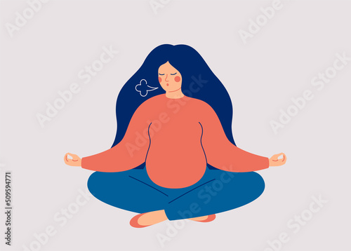 Pregnant Woman makes Breathing exercise. Female who expecting a child sits in pose lotus makes a exhale. Prenatal class and Breathing Techniques for Childbirth. Vector illustration