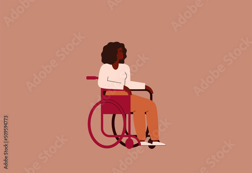 Black Woman with disability in the wheelchair. African american Female with mobility problem. Vector illustration