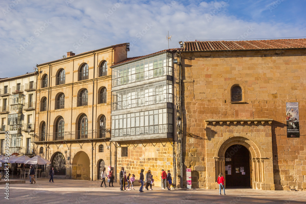 Plaza mayor with historic buildings and people in Soria, Spain
