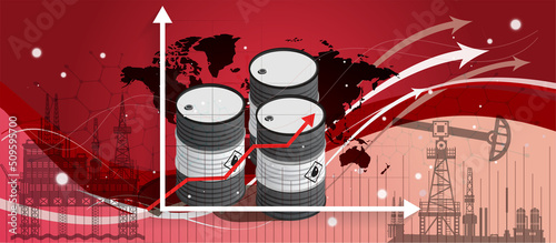 Oil prices increase. Oil market boom or crash concept. Trade among oil producing countries. Oil barrels with red graph arrow going up down. Petroleum drums with world map. Petrol drilling background.