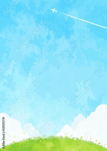 シンプルな青空と草原の風景イラスト