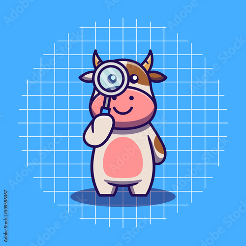 Cute cow character looking with a magnifying glass vector illustration.