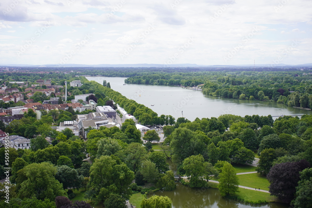 Panorama of the city of Hanover, from the approximately 90 meter high town hall tower, Hanover, Germany.