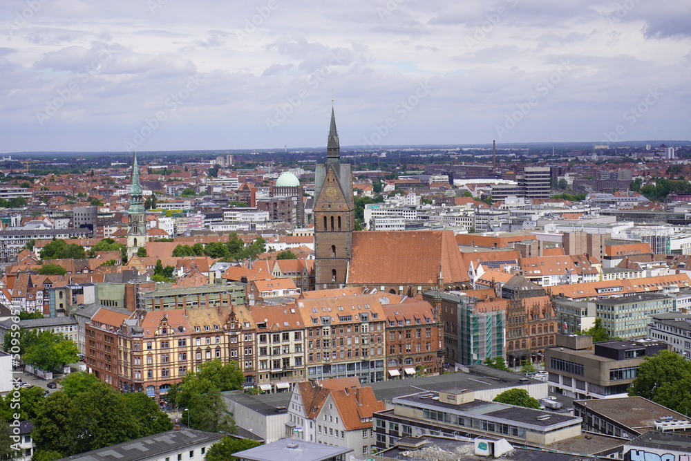 Panorama of the city of Hanover, from the approximately 90 meter high town hall tower, Hanover, Germany.