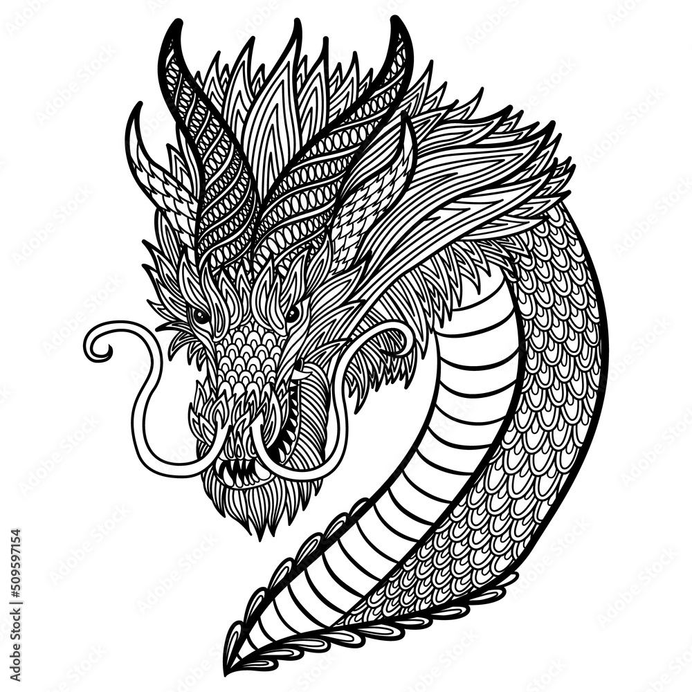 Zentangle chinese Dragon. Vector ornamental and decorative template