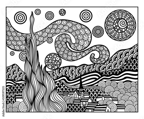Zentangle reproduction Starry night Vincent Van Gogh 1889. Vector ornamental and decorative template illustration for printing on postcards, t-shirts, bags, cups, clothing, Wallpaper, posters, colorin