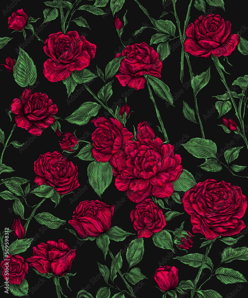 Seamless floral pint. Red roses on a black background. Print for printing on fabric, wallpaper, tiles. Seamless floral pint. Red roses on a black background. Print for printing on fabric, wallpaper, tiles.