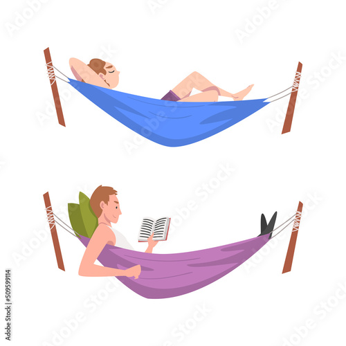 Male and Female Lying in Hammock Reading Book and Sleeping Having Rest Vector Set