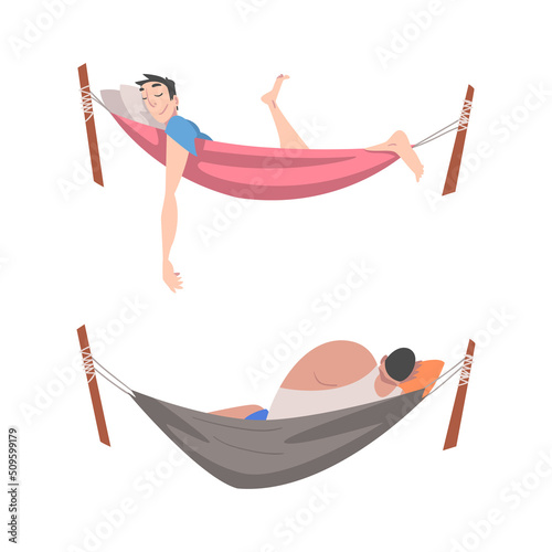 Male Lying in Hammock and Sleeping Having Rest Vector Illustration Set