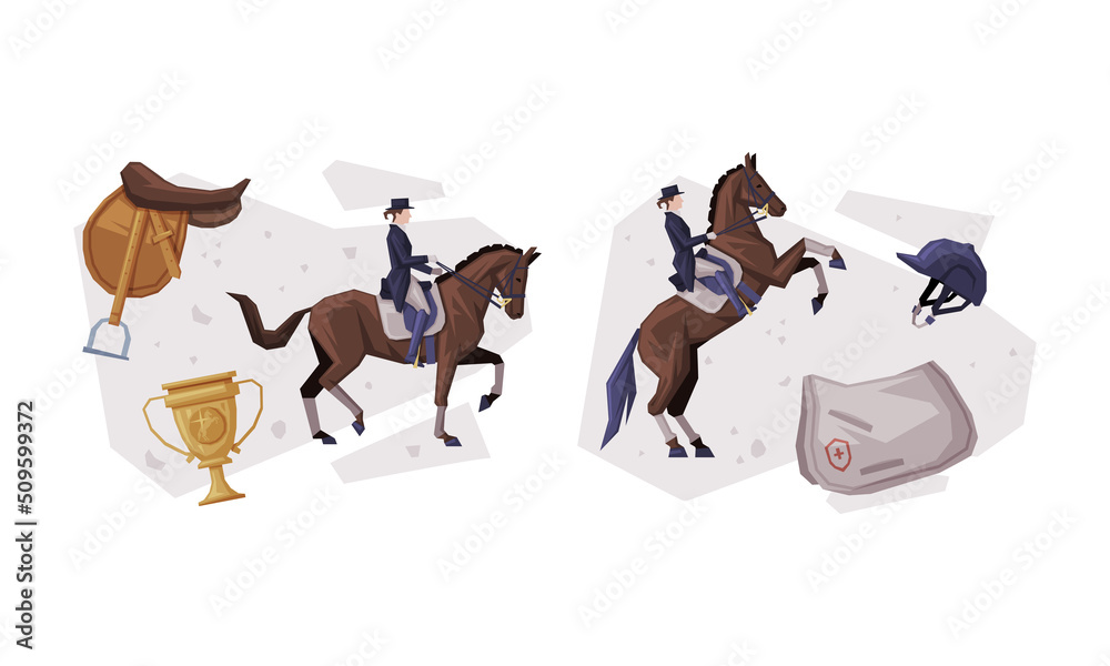 Fototapeta premium Jockey Club with Man Riding Horse Sitting on Horseback in Saddle Vector Composition Set
