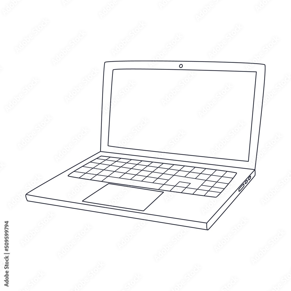 An open laptop with a blank screen. A electronic device with an empty space for text. Outline doodle. Black and white vector illustration isolated on white background An open laptop with a blank screen. A electronic device with an empty space for text. Outline doodle. Black and white vector illustration isolated on white background
