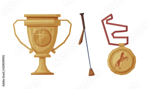 Cup, Medal and Polo Stick as Equestrian Sport Items for Racing Vector Set