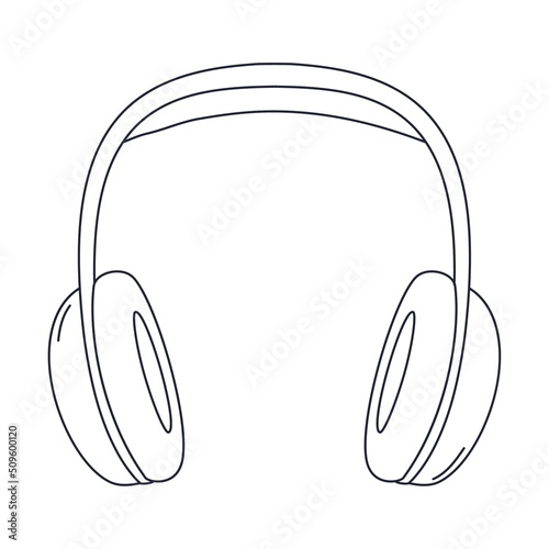 Outline professional studio over-ear headphones with large ear pads. Equipment for podcasting, online learning, listening to music. Linear black white vector illustration isolated on white background.