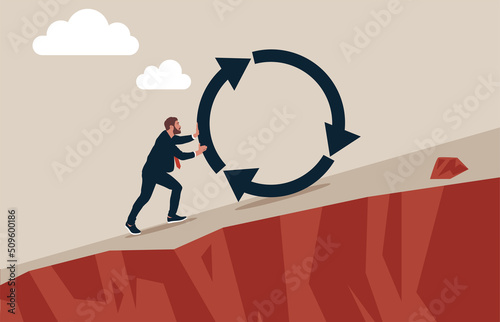 Entrepreneur pushing consistency circle symbol up hill with full effort. Consistency key to success, business strategy to repeatedly deliver work done, personal development or career growth.
 photo