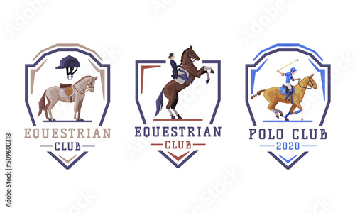 Equestrian Club Logo and Emblem with Jockey on Horseback Vector Set