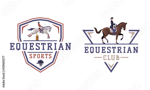 Equestrian Club Logo and Emblem with Jockey on Horseback Vector Set